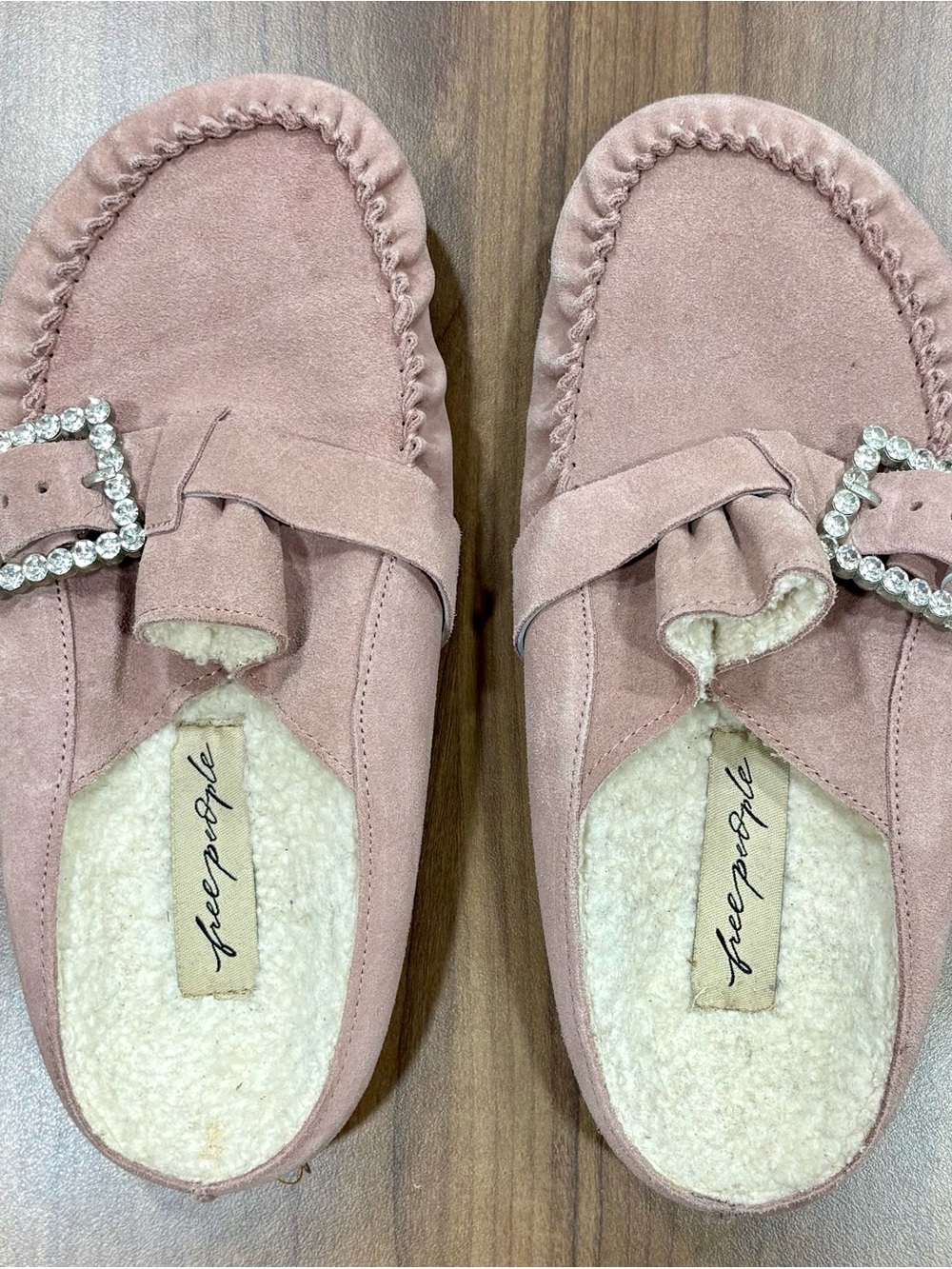 Free People Dusty Rose Suede Shearling Mule Loafers with Rhinestone Buckle
